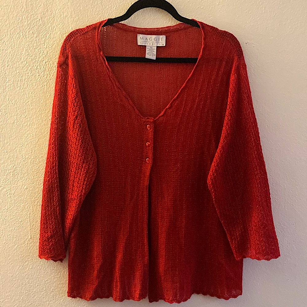 Maggie McNauchton Vintage Red knit sweater with 3-button and hem details
